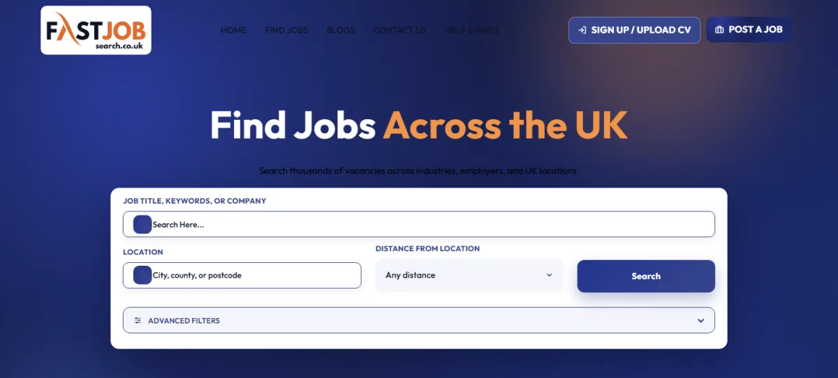 Fast Job Search browse jobs page with keyword, location and distance search and advanced filters
