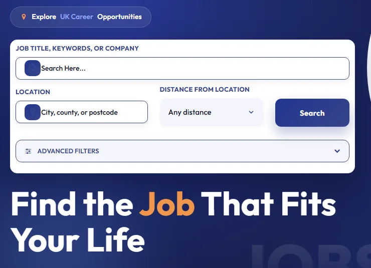 Fast Job Search home page with job title, location and distance search and filters