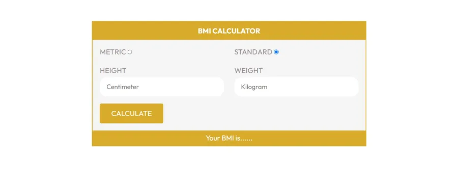 BMI calculator on the FTG Nutrition website with height and weight fields