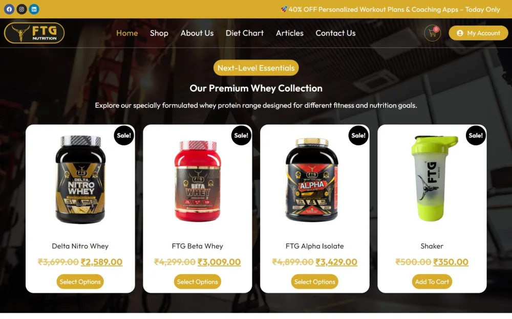 FTG Nutrition home page with a product collection, sale prices and select options buttons