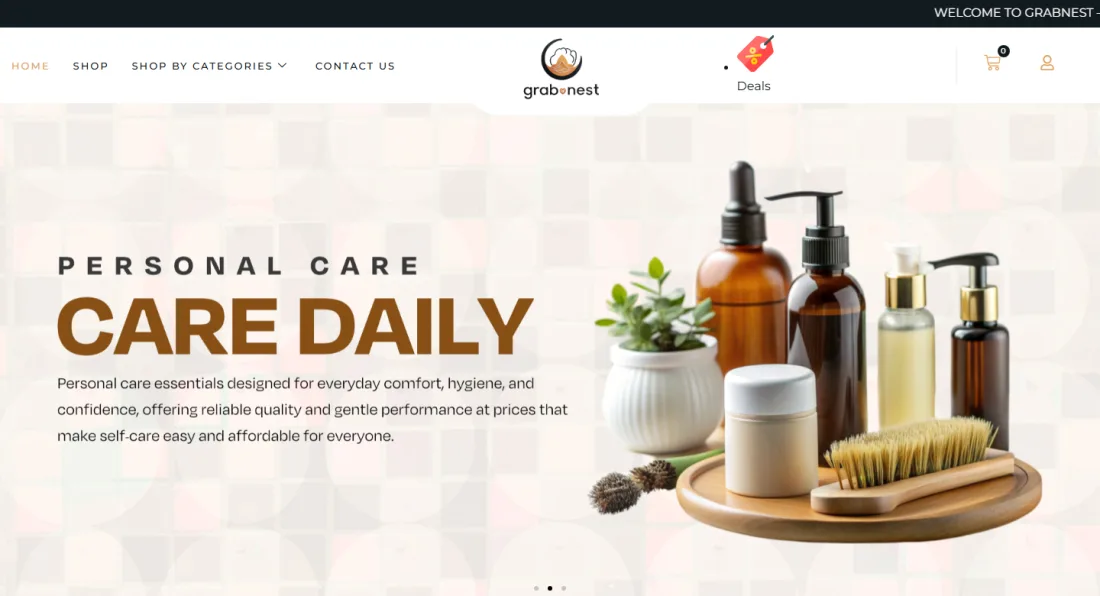 GrabNest home page with a category menu and product deals