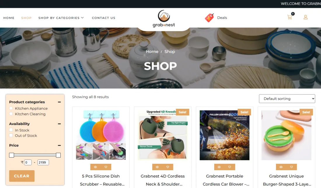 GrabNest shop page with a product grid and add to cart buttons