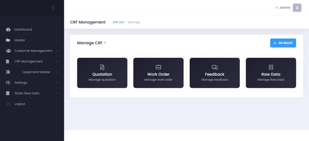 Laboratory portal CRF management screen with quotation, work order, feedback and raw data sections