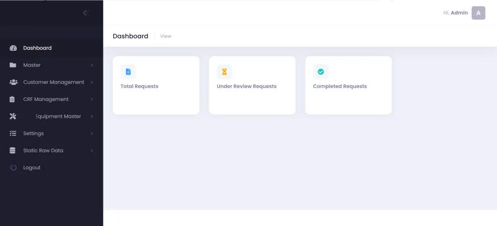 Laboratory portal dashboard with menus for customer management, CRF management, equipment master and settings