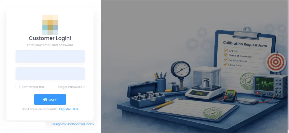 Customer login screen of a laboratory portal with a calibration request form illustration