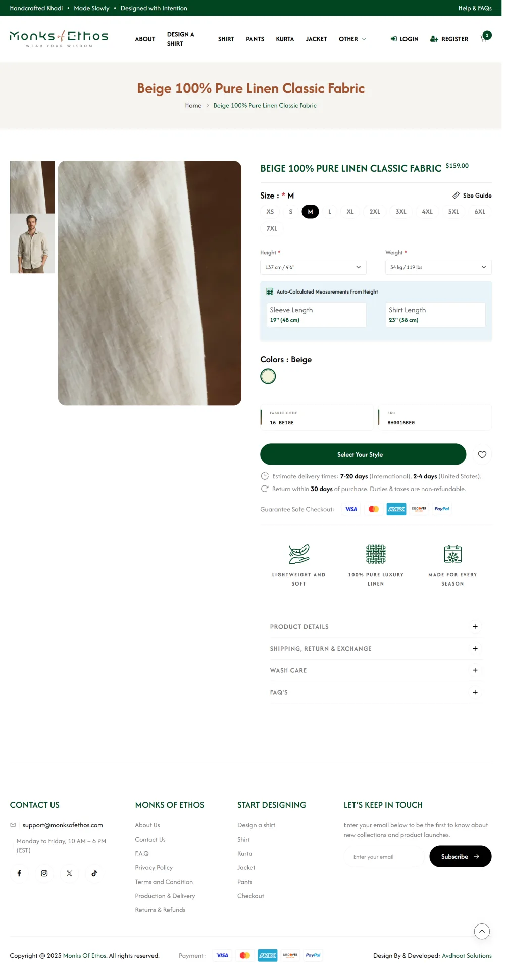 Monks of Ethos product page with size, height and weight selection and auto-calculated measurements