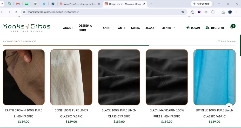 Monks of Ethos shop page showing linen shirt fabrics in a product grid