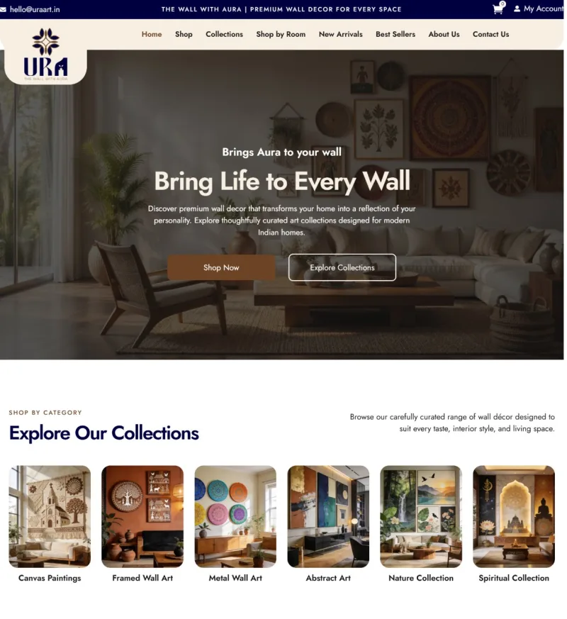 URA Art home page with a wall décor hero banner and six collections
