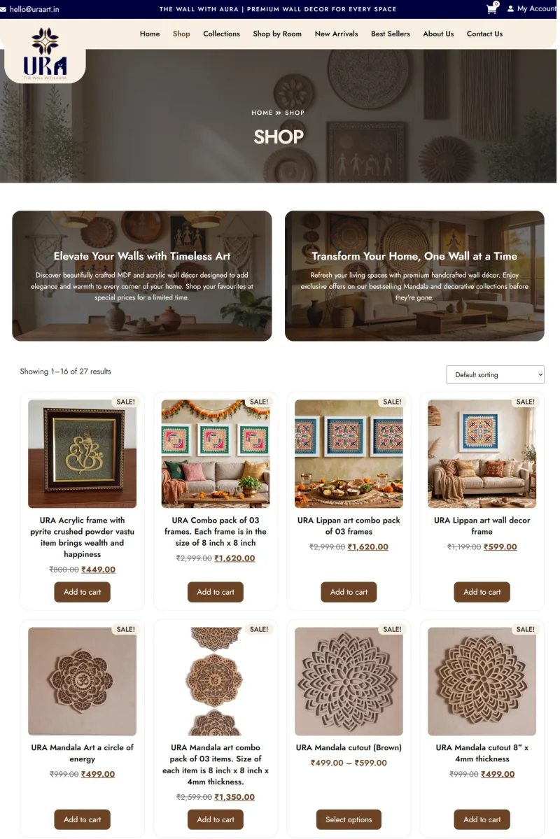 URA Art shop page with a product grid of wall décor, sale prices and add to cart buttons